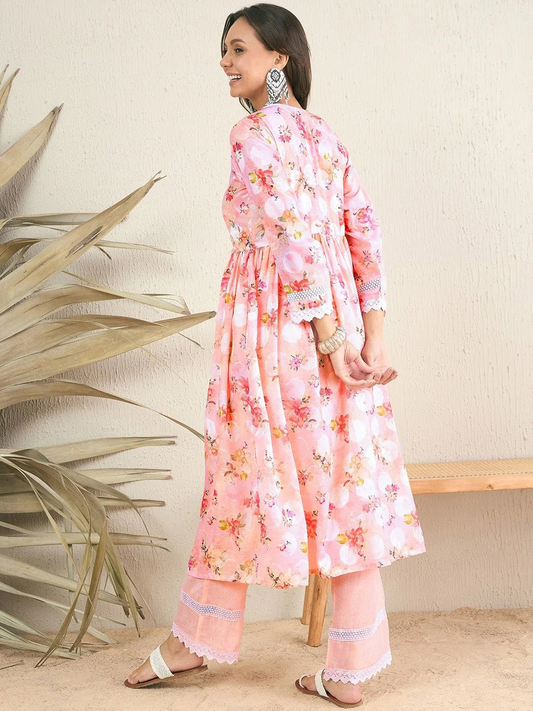Peach & white Floral Printed Pleated Chikankari A-Line Kurta With Palazzos