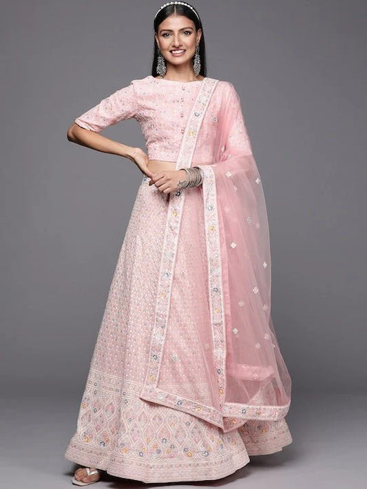 PINK EMBROIDERED SEQUINNED SEMI-STITCHED LEHENGA & UNSTITCHED BLOUSE WITH DUPATTA NET