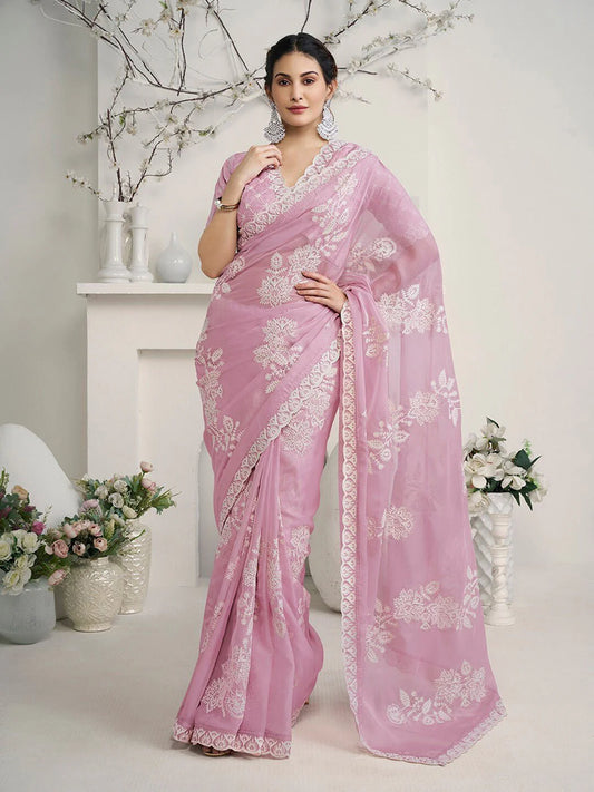Pink Floral Embroidered Organza Saree