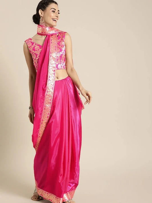 Woven Design Border Saree (PINK & GOLD-TONED)