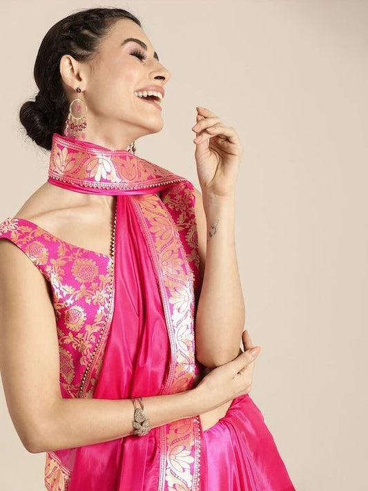 Woven Design Border Saree (PINK & GOLD-TONED)