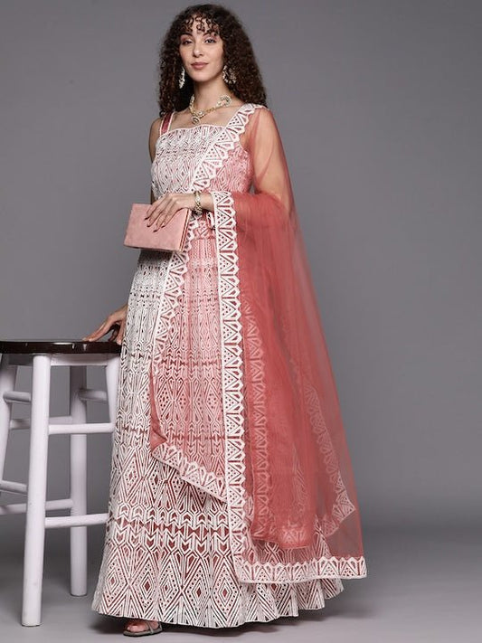 Pink & White Readymade Embroidered Lehenga Choli With Dupatta