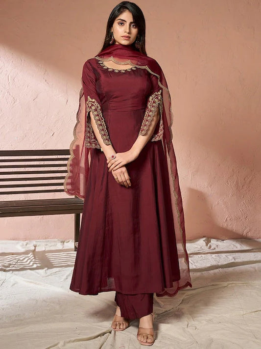 Pure Silk Anarkali Kurta With Palazzos & Dupatta