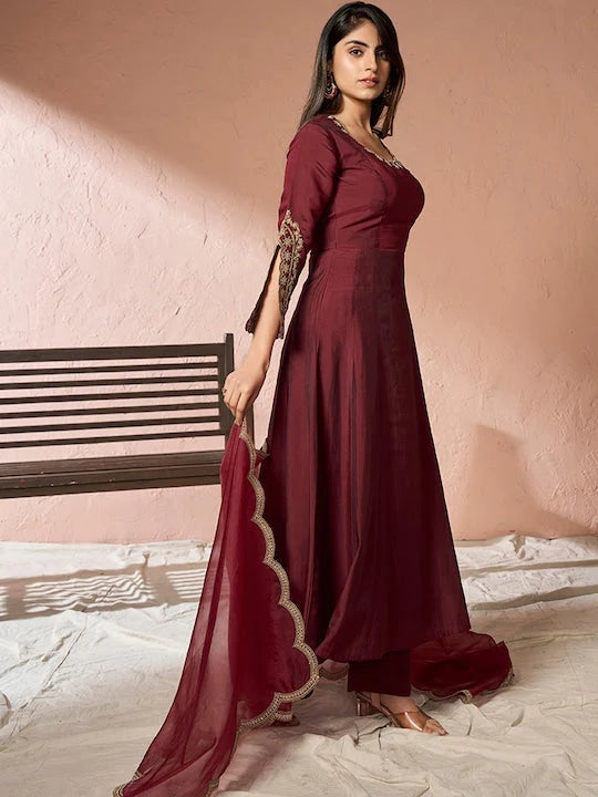 Pure Silk Anarkali Kurta With Palazzos & Dupatta