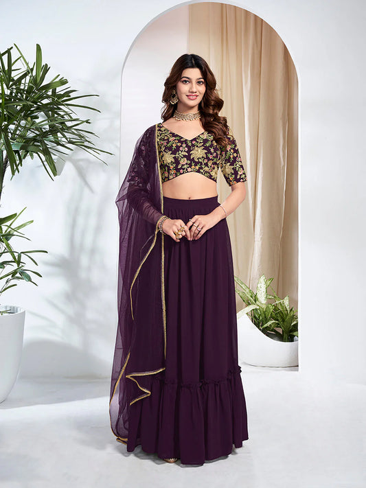 PURPLE COLOR EMBROIDERED THREAD WORK SEMI-STITCHED LEHENGA & UNSTITCHED BLOUSE WITH DUPATTA