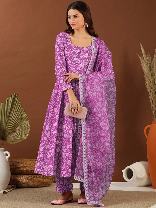 Purple Floral Printed Anarkali Kurta Set