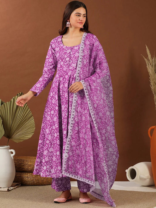 Purple Floral Printed Anarkali Kurta Set