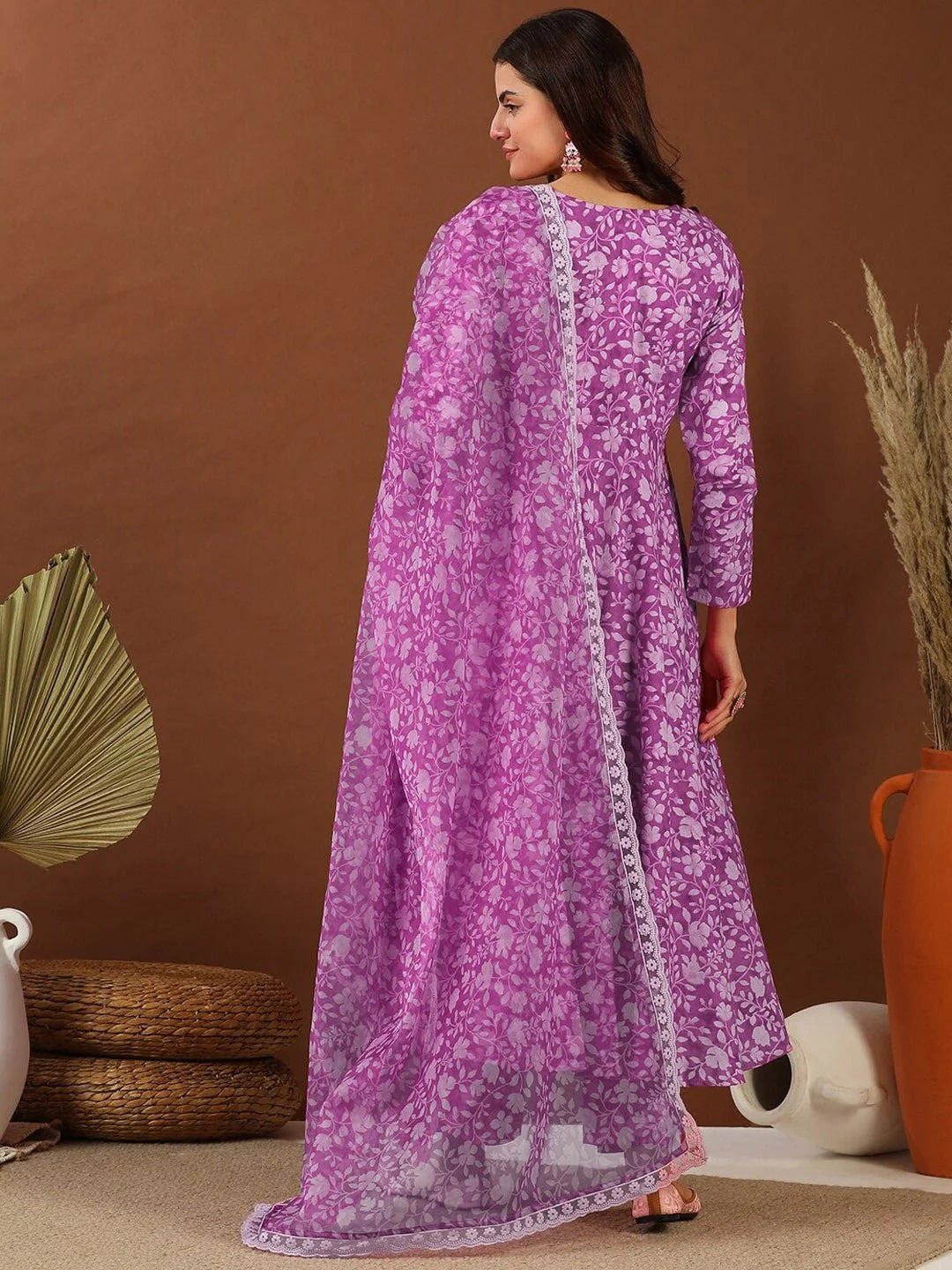 Purple Floral Printed Anarkali Kurta Set