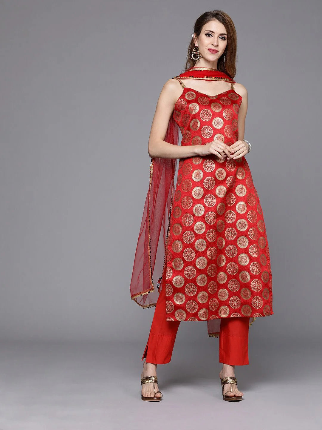 RED & GOLD-TONED SILK BLEND WOVEN DESIGN KURTA WITH TROUSERS & DUPATTA