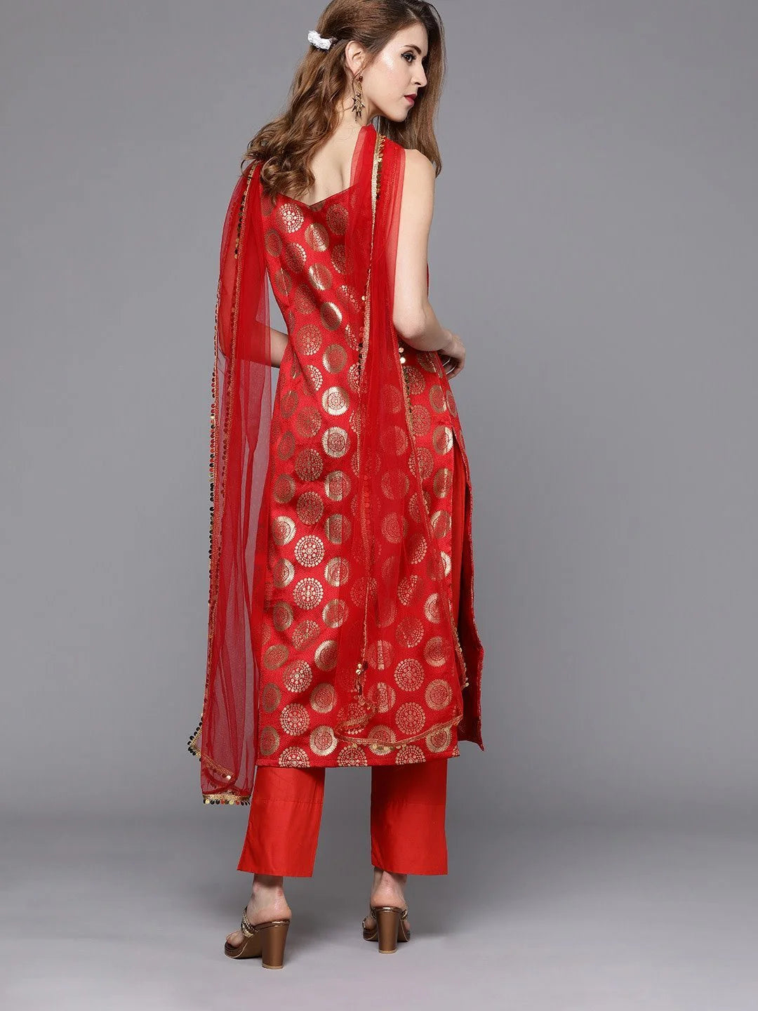 RED & GOLD-TONED SILK BLEND WOVEN DESIGN KURTA WITH TROUSERS & DUPATTA