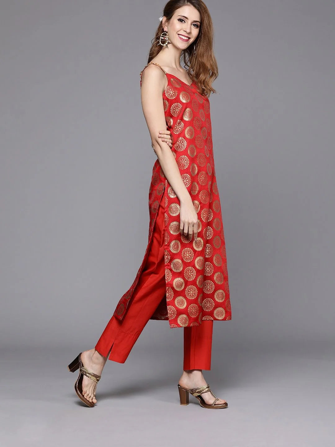 RED & GOLD-TONED SILK BLEND WOVEN DESIGN KURTA WITH TROUSERS & DUPATTA