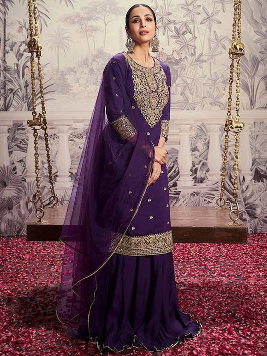 ROUND NECK SEQUINS CHANDERI COTTON KURTA SET WITH DUPATTA (FLORAL YOKE DESIGN)