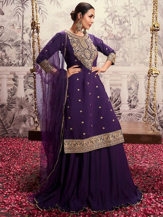 ROUND NECK SEQUINS CHANDERI COTTON KURTA SET WITH DUPATTA (FLORAL YOKE DESIGN)