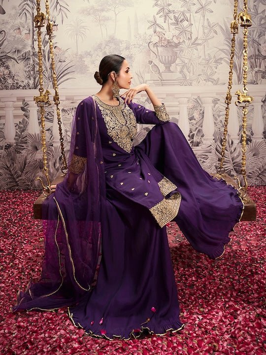 ROUND NECK SEQUINS CHANDERI COTTON KURTA SET WITH DUPATTA (FLORAL YOKE DESIGN)