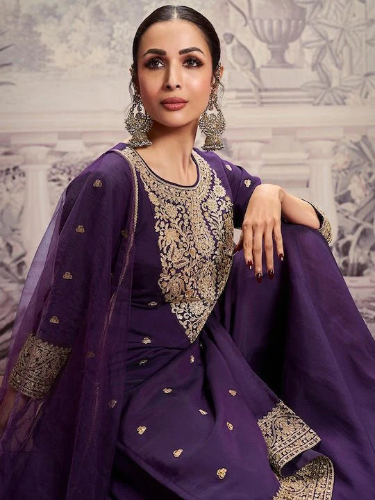 ROUND NECK SEQUINS CHANDERI COTTON KURTA SET WITH DUPATTA (FLORAL YOKE DESIGN)