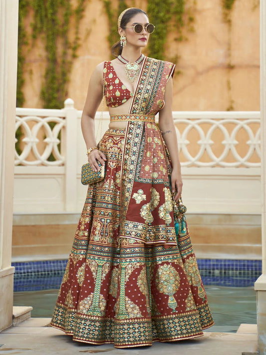 RED AND GOLD SEQUENCE EMBROIDERED LEHENGA CHOLI