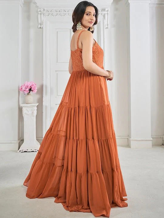 Rust Floral Embroidered Sequined & Tiered Maxi Ethnic Dress