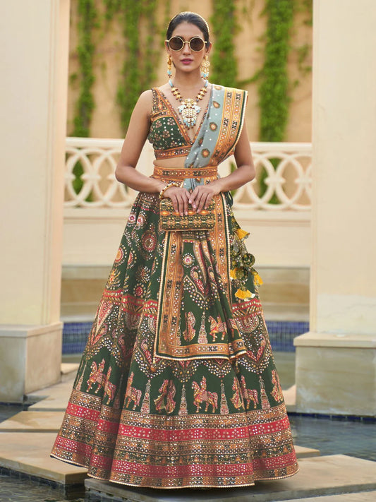SEQUENCE EMBROIDERED LEHENGA CHOLI (GREEN AND GOLD)