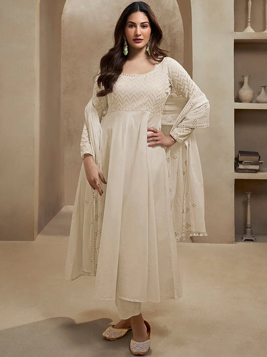Sequinned Embroidered Empire Thread Work Anarkali Kurta with Trousers & Dupatta (Amyra Dastur Style)