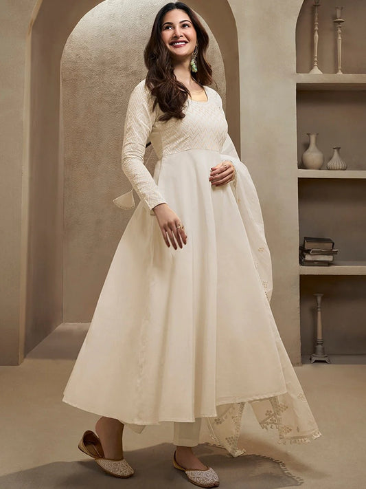 Sequinned Embroidered Empire Thread Work Anarkali Kurta with Trousers & Dupatta (Amyra Dastur Style)