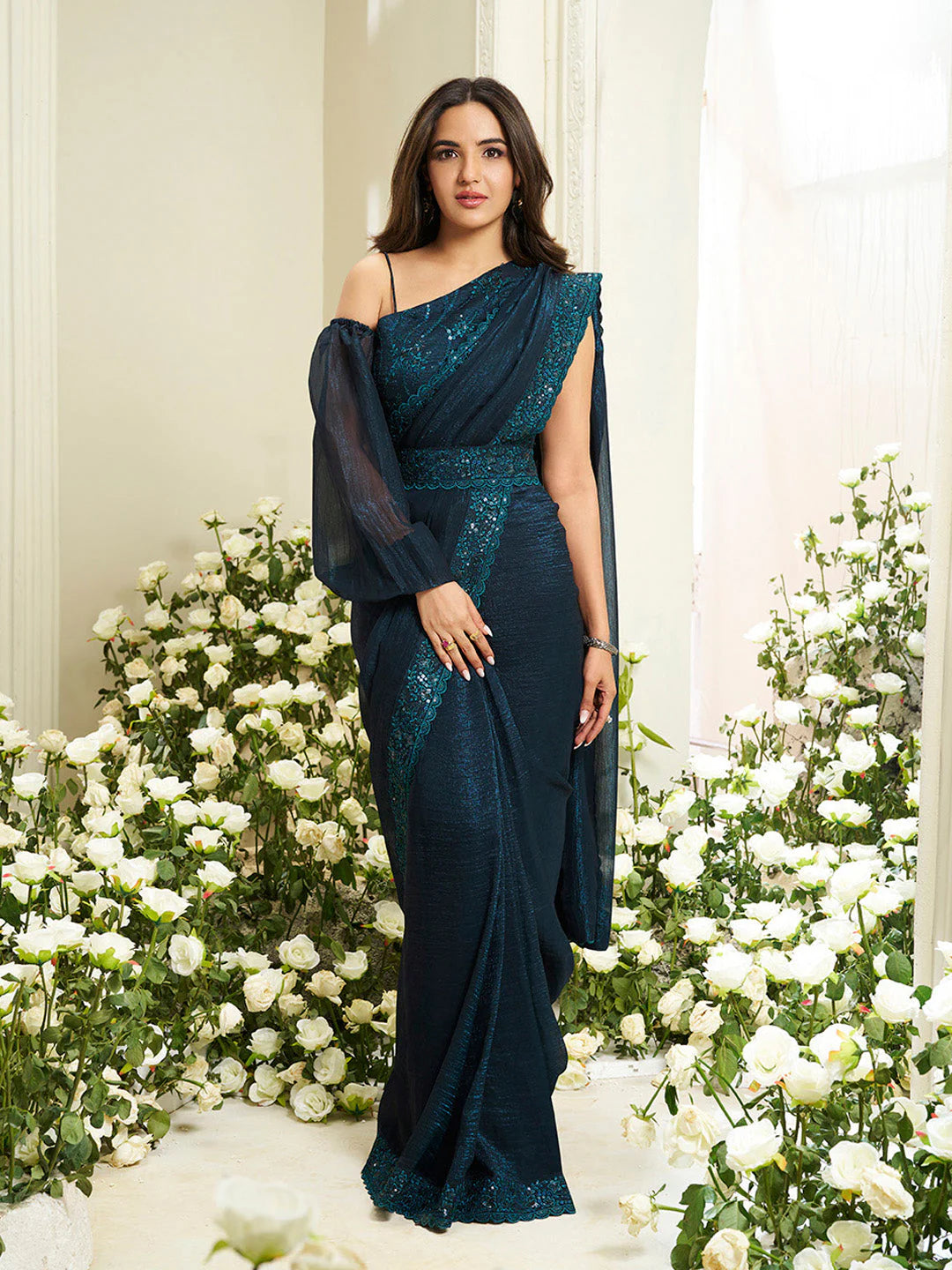 Sequinned Silk Blend Ready to Wear Saree ( Jasmin Bhasin)