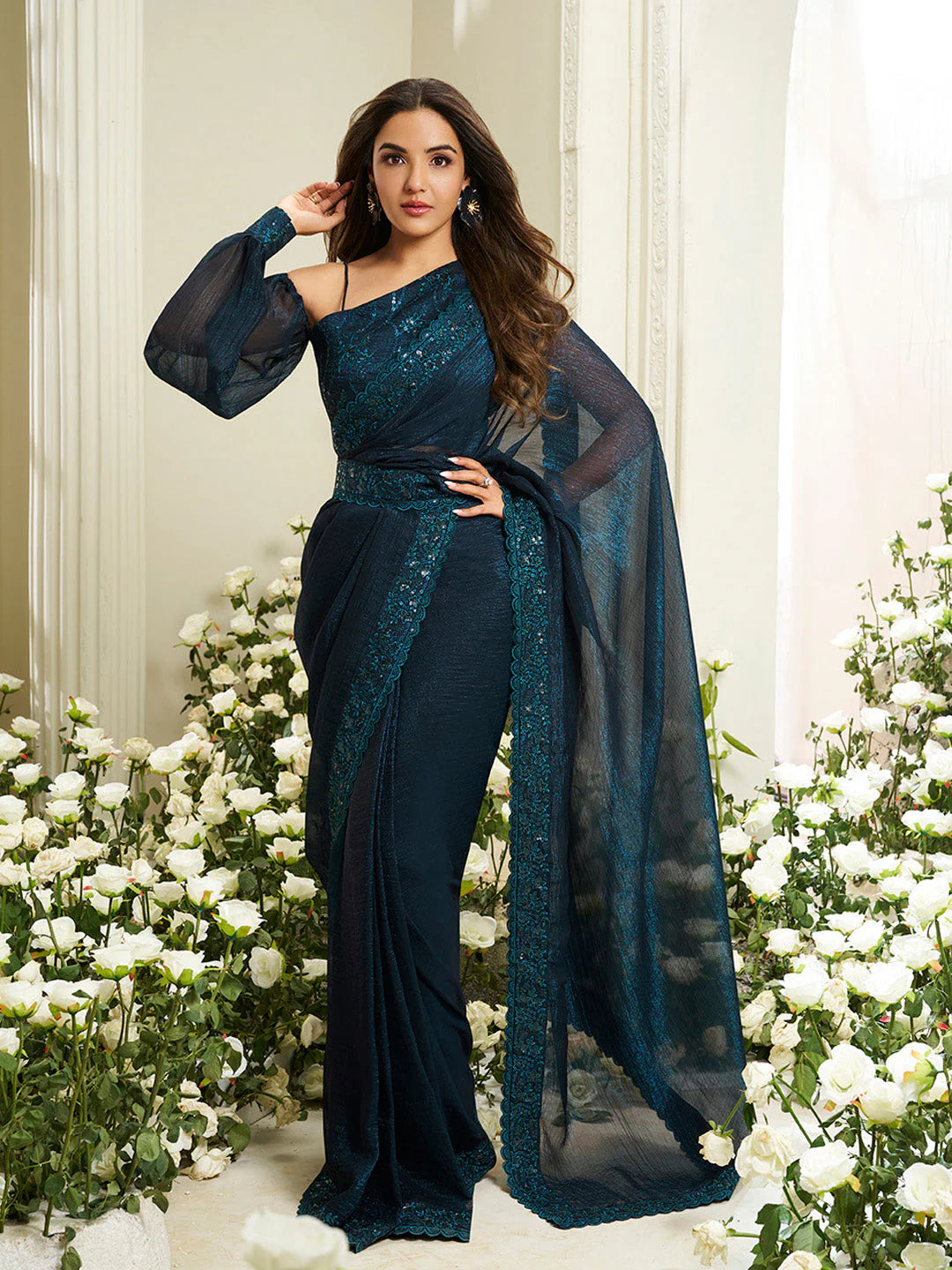 Sequinned Silk Blend Ready to Wear Saree ( Jasmin Bhasin)
