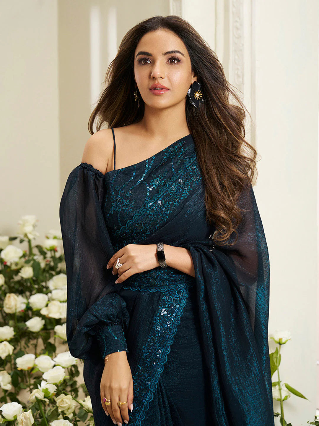 Sequinned Silk Blend Ready to Wear Saree ( Jasmin Bhasin)