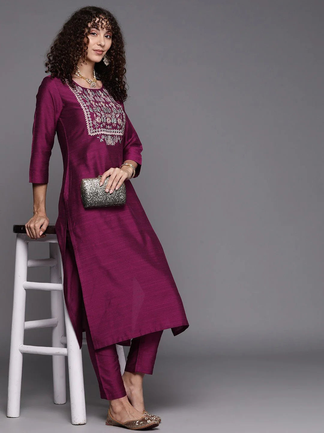 THREAD WORK KURTA WITH TROUSERS FOR OFFICE WOMENS (FLORAL YOKE DESIGN)