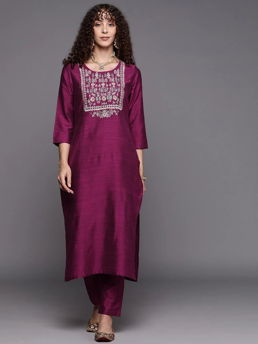 THREAD WORK KURTA WITH TROUSERS FOR OFFICE WOMENS (FLORAL YOKE DESIGN)