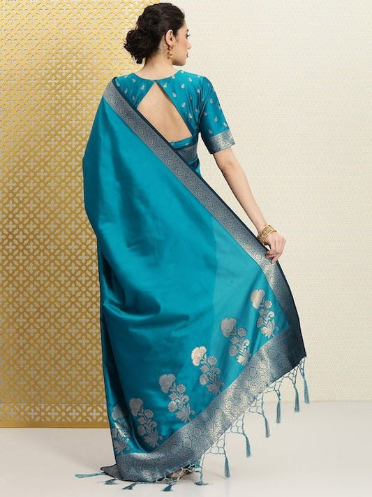 Turquoise Blue & Gold-Toned Zari Silk Blend Saree