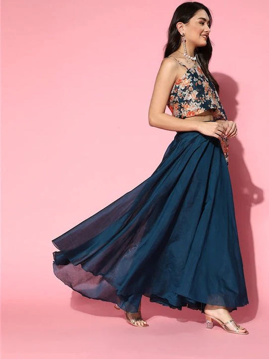 Teal Floral Printed Organza One Shoulder Co-Ords