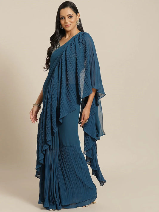 Teal Georgette Ruffle Saree
