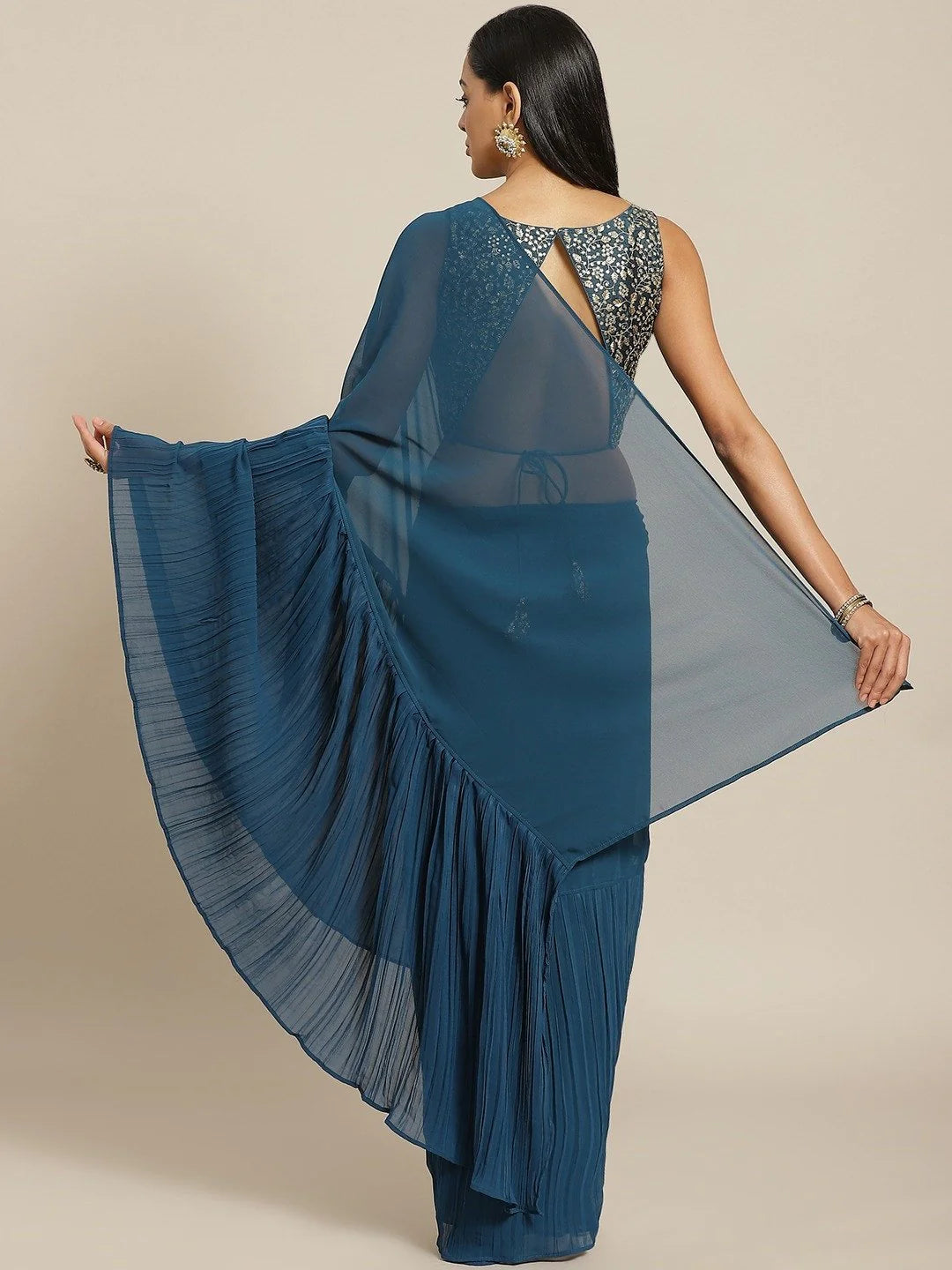 Teal Georgette Ruffle Saree