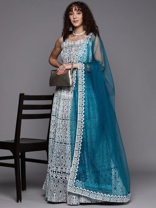 Teal & White Readymade Embroidered Lehenga Choli With Dupatta