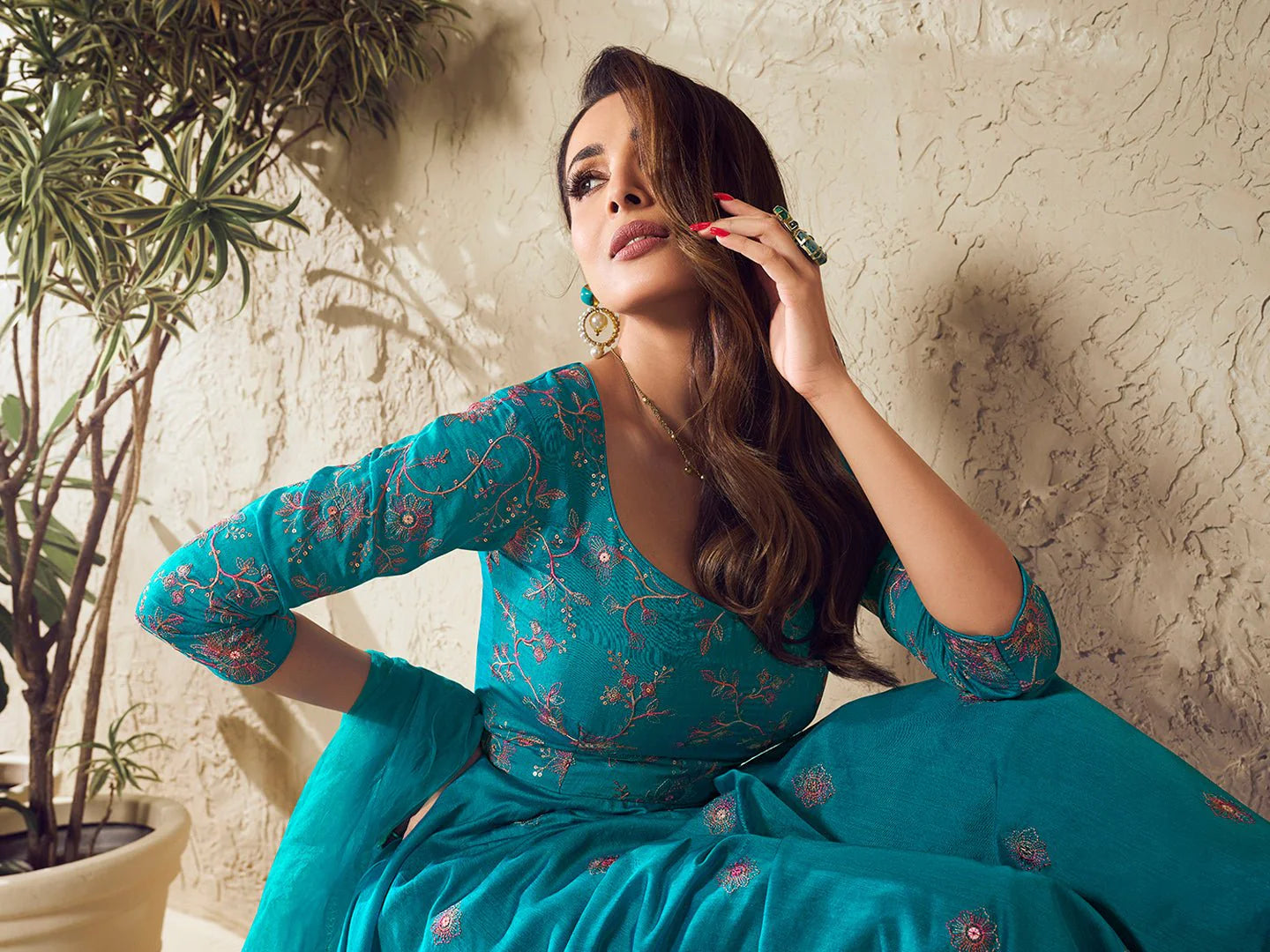Turquoise Blue Multi Thread & Sequines Embroidered Anarkali Kurta Set (Malaika Style)