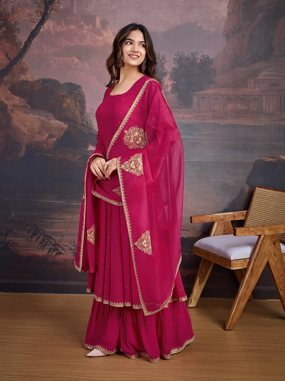 U-NECK ANARKALI GEORGETTE KURTA & SHARARA WITHDUPATTA