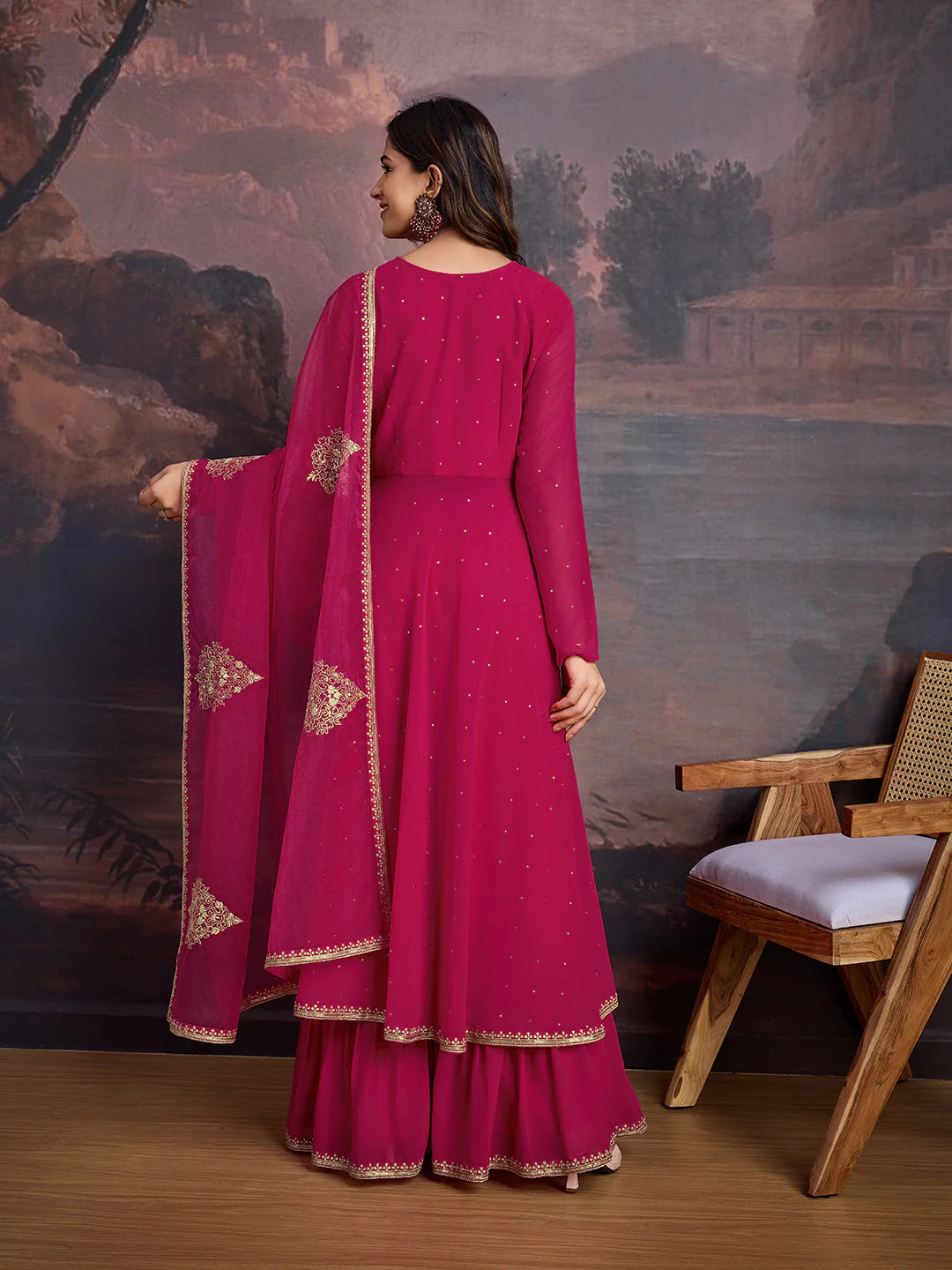 U-NECK ANARKALI GEORGETTE KURTA & SHARARA WITHDUPATTA