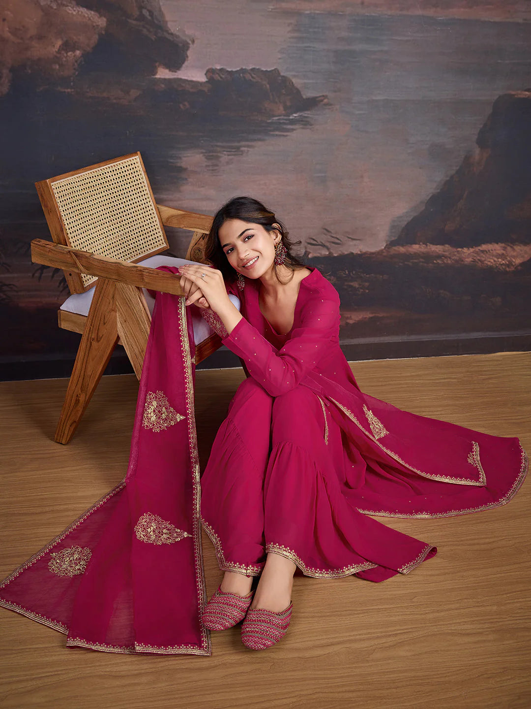U-NECK ANARKALI GEORGETTE KURTA & SHARARA WITHDUPATTA