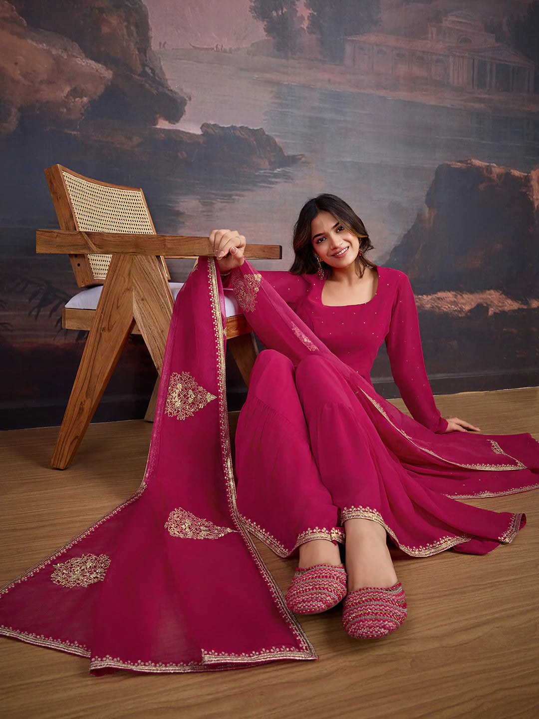 U-NECK ANARKALI GEORGETTE KURTA & SHARARA WITHDUPATTA