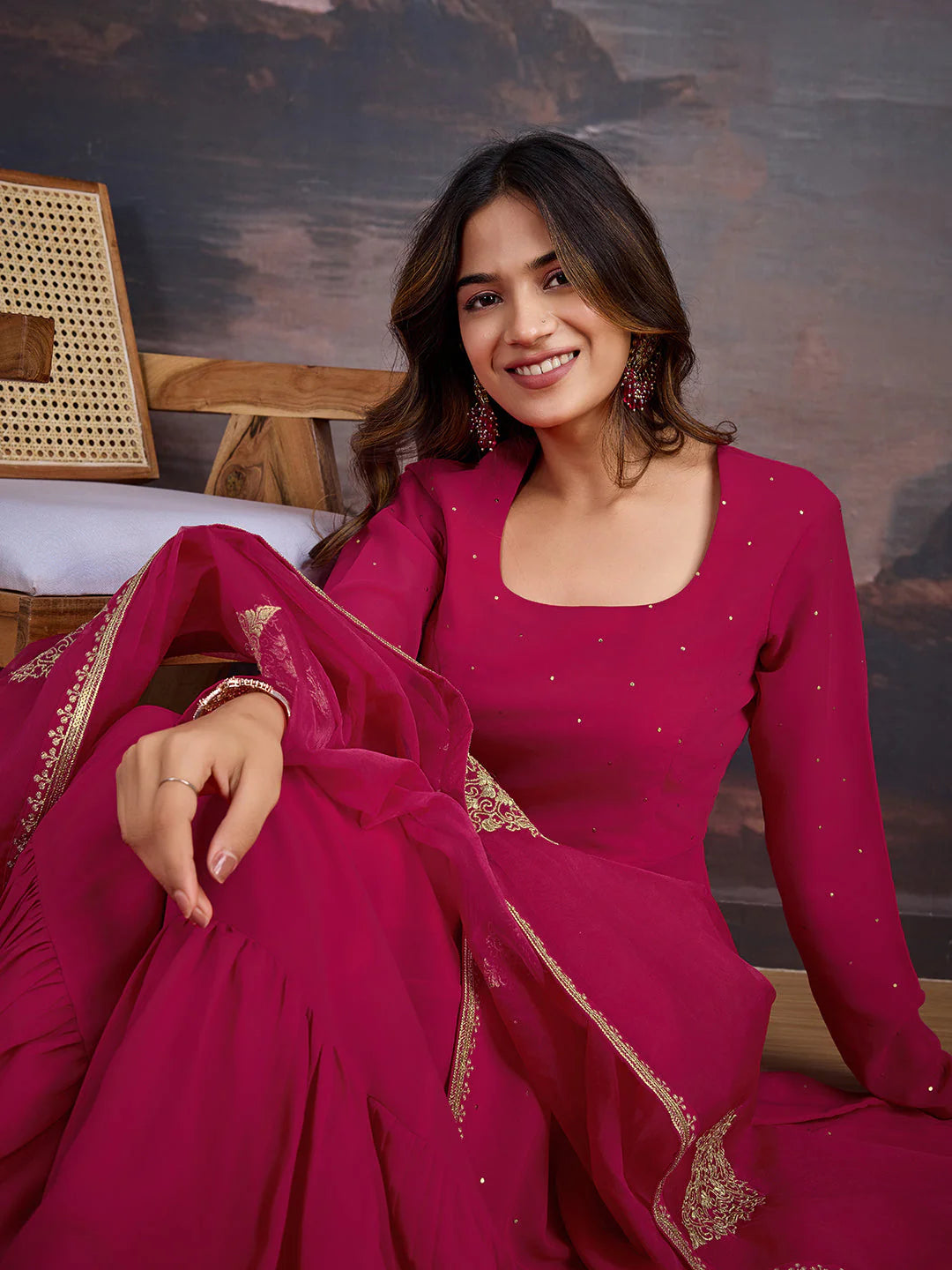 U-NECK ANARKALI GEORGETTE KURTA & SHARARA WITHDUPATTA
