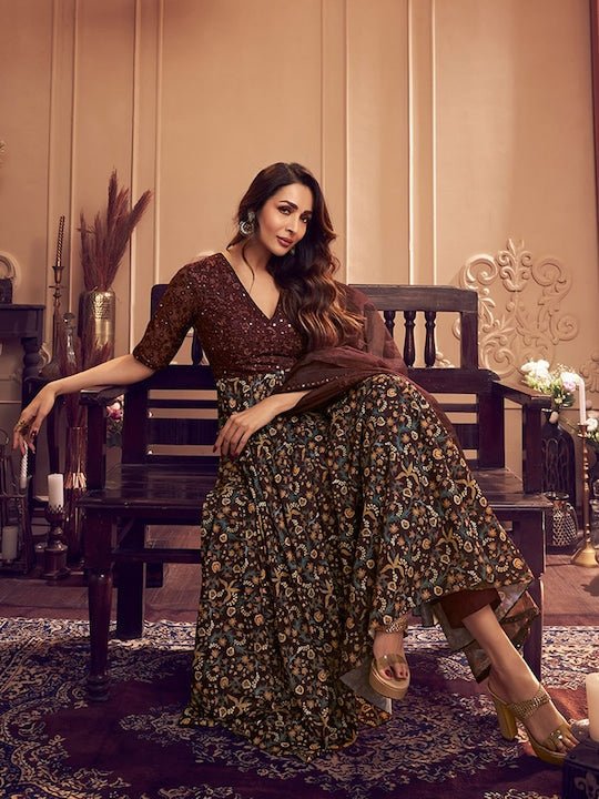 V-NECK THREAD AND SEQUINS EMBROIDERED A-LINE KURTA SET WITH DUPATTA (Malaika Style)