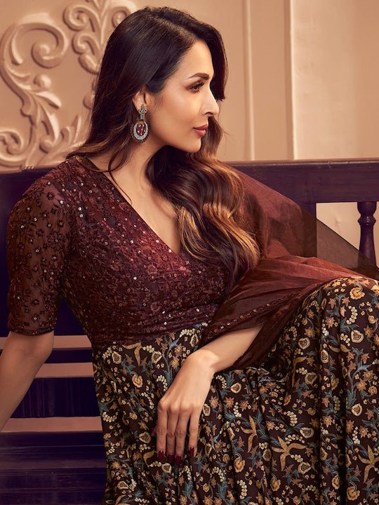V-NECK THREAD AND SEQUINS EMBROIDERED A-LINE KURTA SET WITH DUPATTA (Malaika Style)