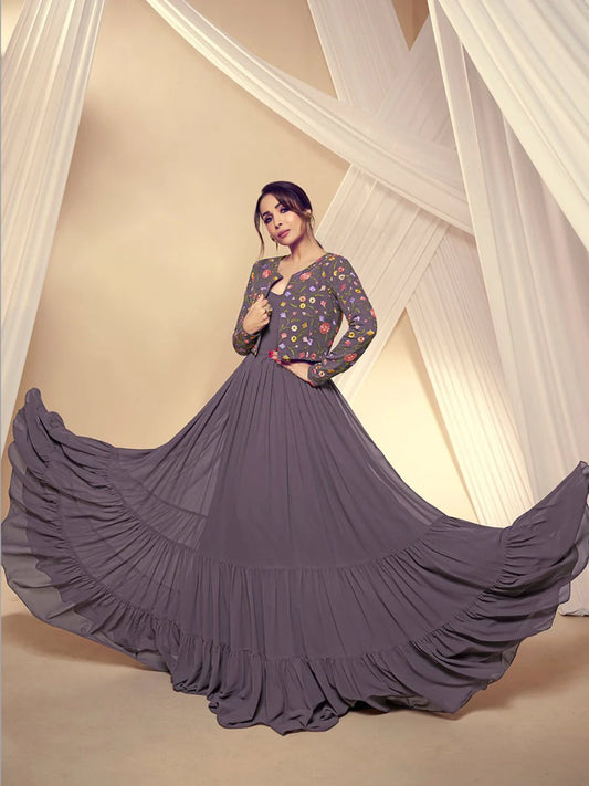 V-neck And Knit-Woven Flare, Solid Maxi Dress With Floral Thread Embroidered Jacket (Malaika Style)
