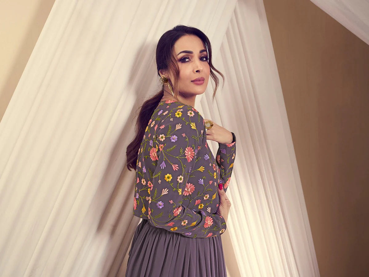 V-neck And Knit-Woven Flare, Solid Maxi Dress With Floral Thread Embroidered Jacket (Malaika Style)