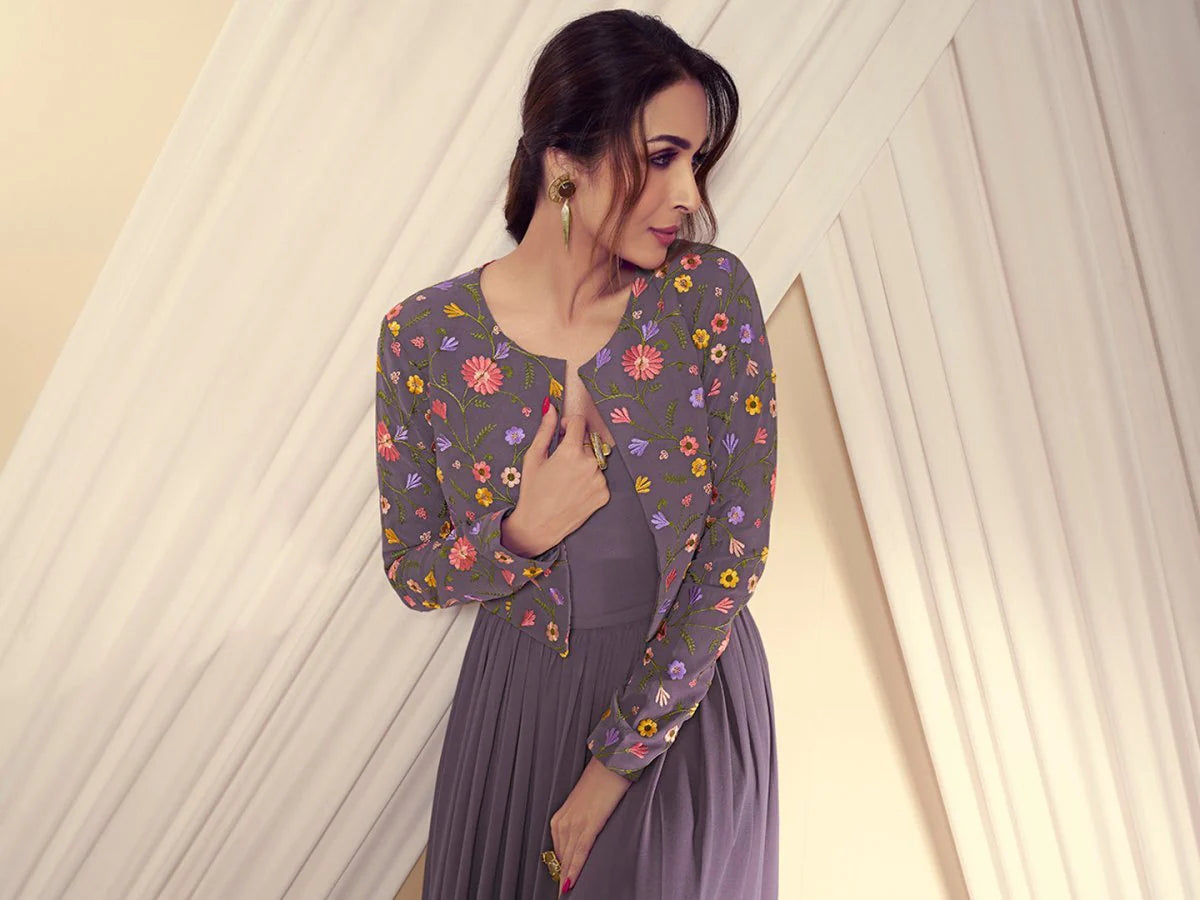 V-neck And Knit-Woven Flare, Solid Maxi Dress With Floral Thread Embroidered Jacket (Malaika Style)