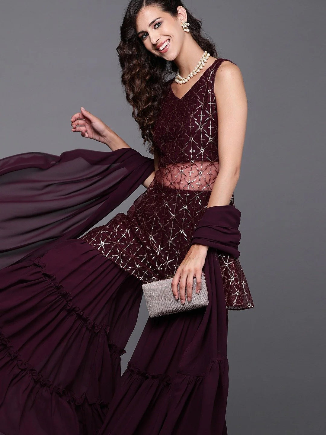 WINE EMBROIDERED KURTA SET