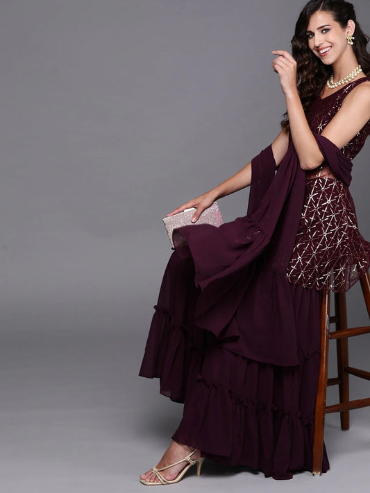 WINE EMBROIDERED KURTA SET