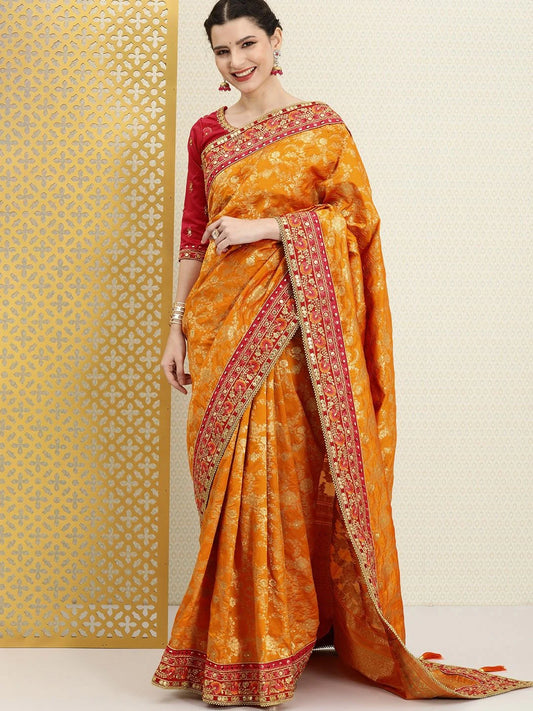 Floral Jaal Zari Woven Embroidered Saree With Blouse Piece